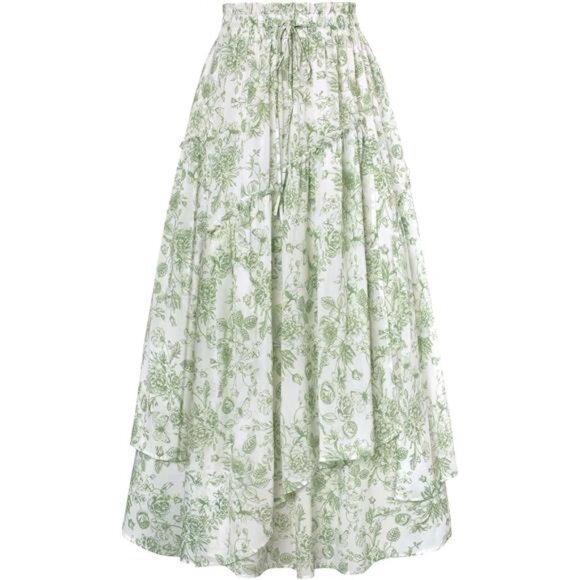 Women Floral Print Boho Skirt Elastic High Waist Green White - Picture 1 of 6
